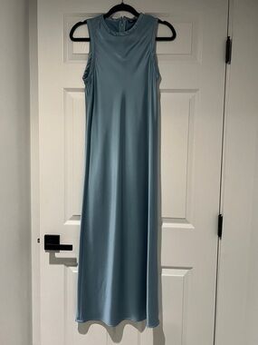 Sleeveless Satin Maxi Dress in Dusty Blue